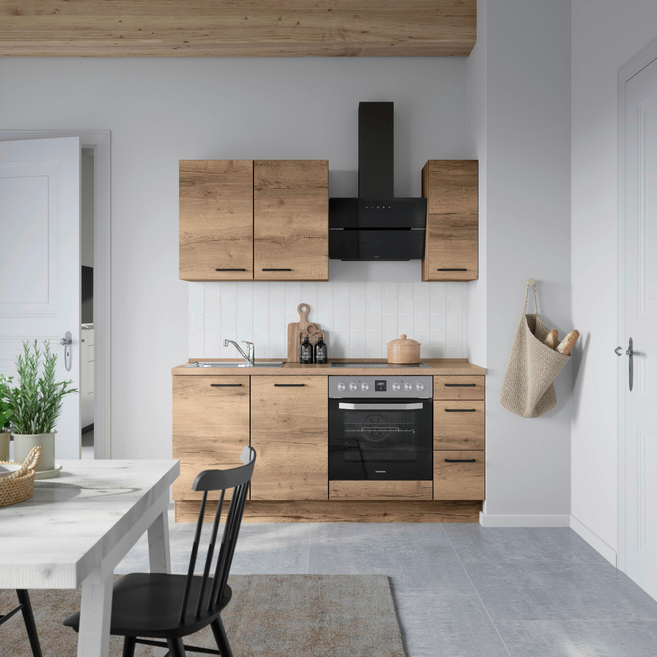 KÜCHENBLOCK 180 cm   in Eiche dunkel  - Eiche dunkel/Schwarz, MODERN, Holzwerkstoff/Metall (180cm) - Nobilia