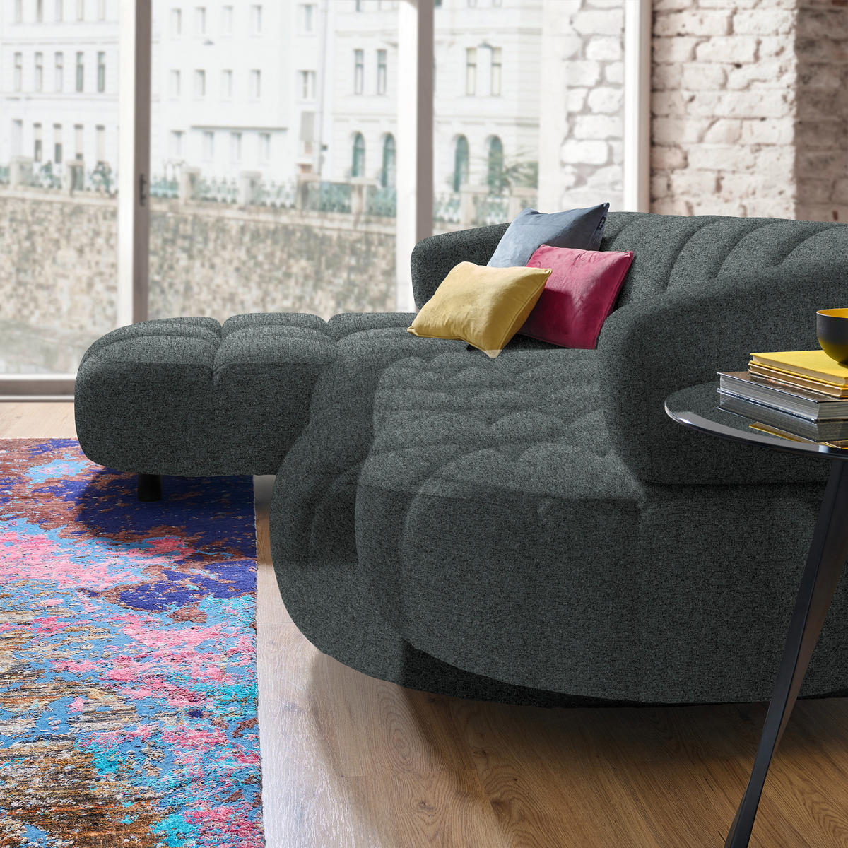 ECKSOFA Dunkelgrau Webstoff  - Dunkelgrau/Schwarz, Design, Holz/Textil (183/284cm) - Welnova
