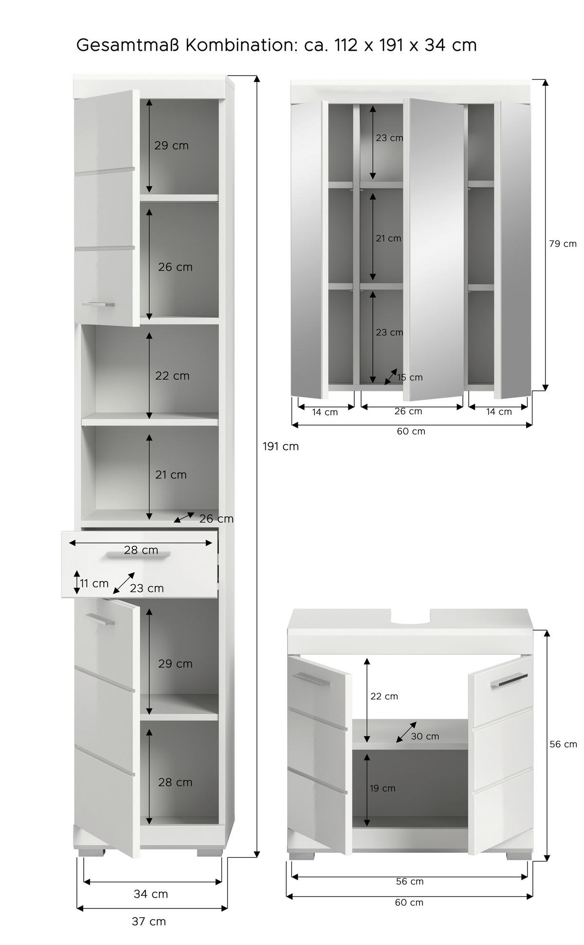 BADEZIMMER 3-teilig  in 97 cm  - Weiß Hochglanz/Silberfarben, MODERN, Glas/Holzwerkstoff (97cm) - MID.YOU