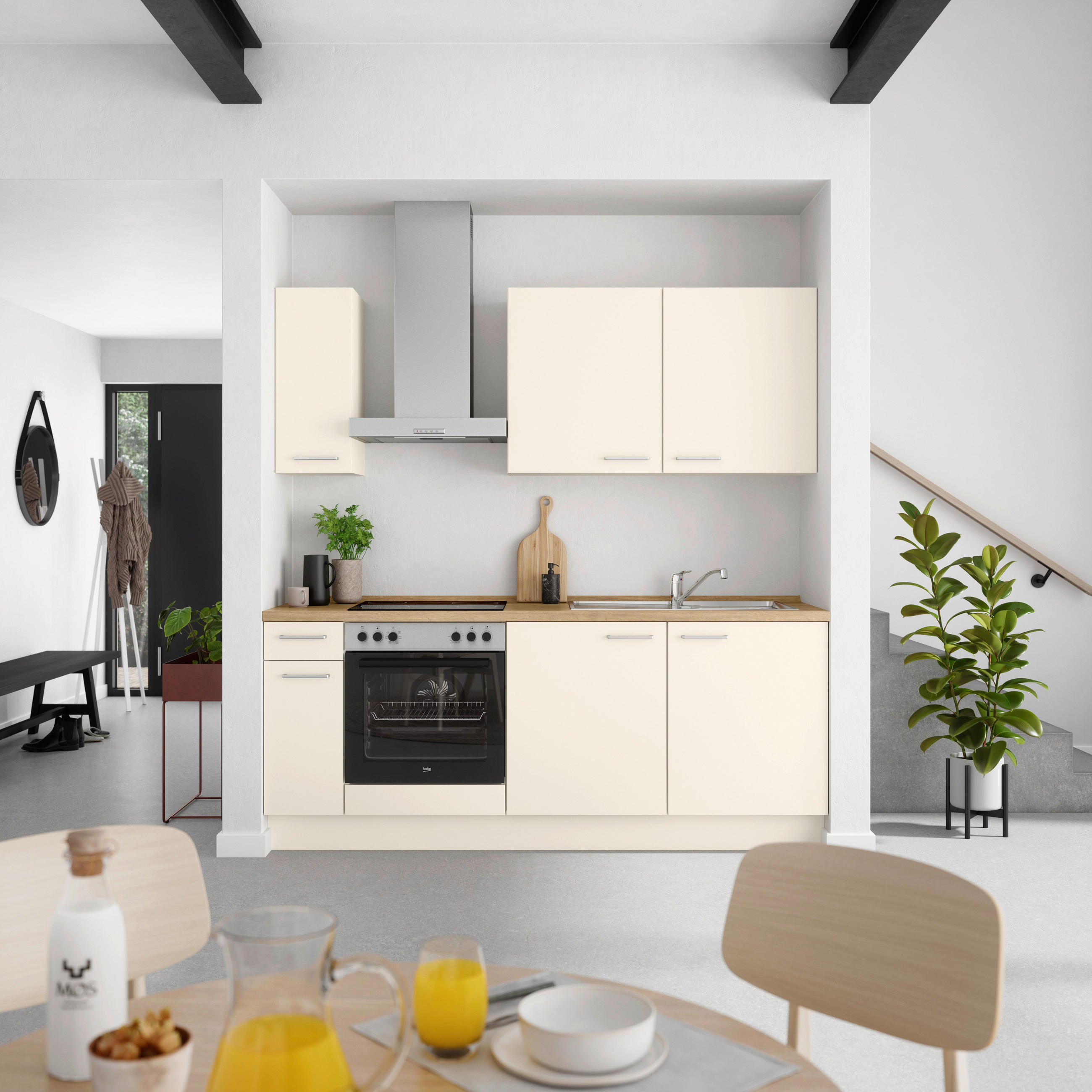 KÜCHENBLOCK 210 cm   in Eichefarben, Magnolie  - Edelstahlfarben/Eichefarben, MODERN, Holzwerkstoff/Metall (210cm) - Nobilia