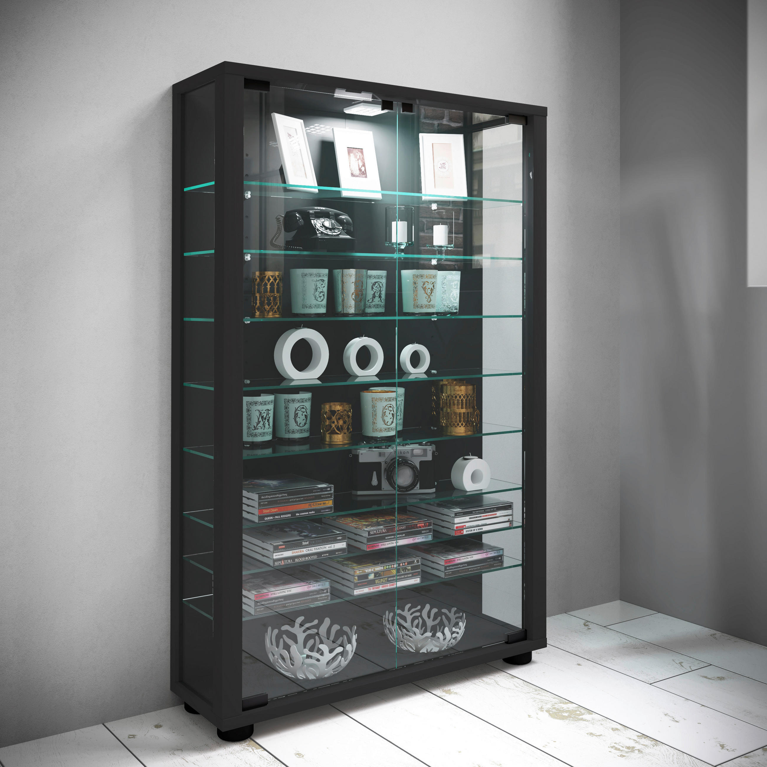 VITRINE in Schwarz - Transparent/Schwarz, Design, Glas/Holzwerkstoff (59/90/18cm) - MID.YOU