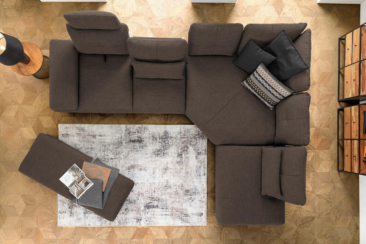 ECKSOFA in Flachgewebe Dunkelbraun  - Dunkelbraun/Schwarz, Design, Textil/Metall (344/271cm) - Chilliano