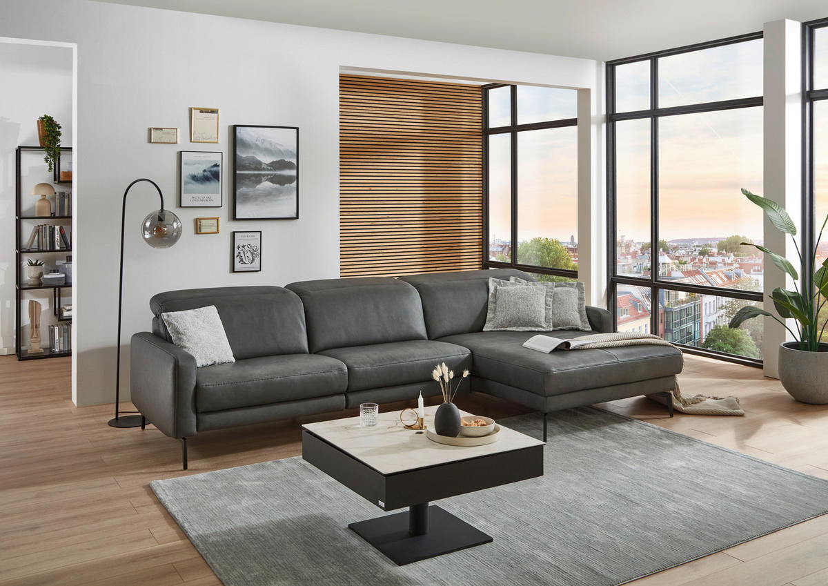 ECKSOFA  in Echtleder Anthrazit  323/179 cm  - Anthrazit/Schwarz, Design, Leder/Metall (323/179cm) - Dieter Knoll