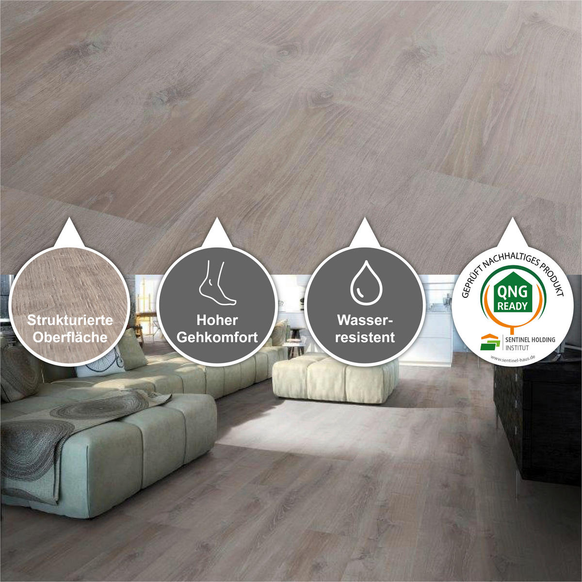 DESIGNBODEN More+  per  m² - Eichefarben/Graubraun, Basics, Kunststoff (121/22/0.5cm)