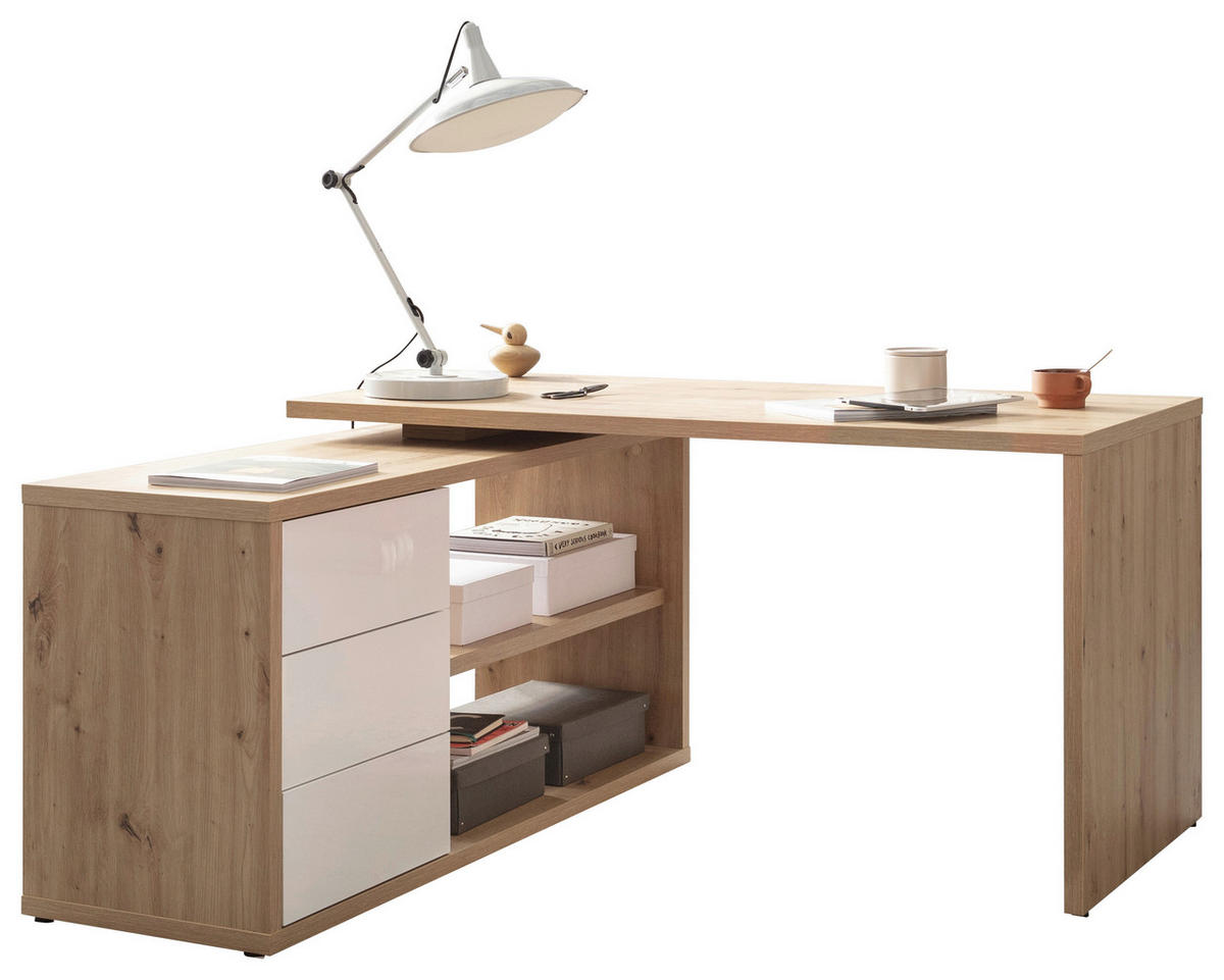 ECKSCHREIBTISCH 139/139/72 cm Eiche Artisan, Weiss Hochglanz  - Weiss Hochglanz/Eiche Artisan, Design, Holzwerkstoff (139/139/72cm) - Stylife