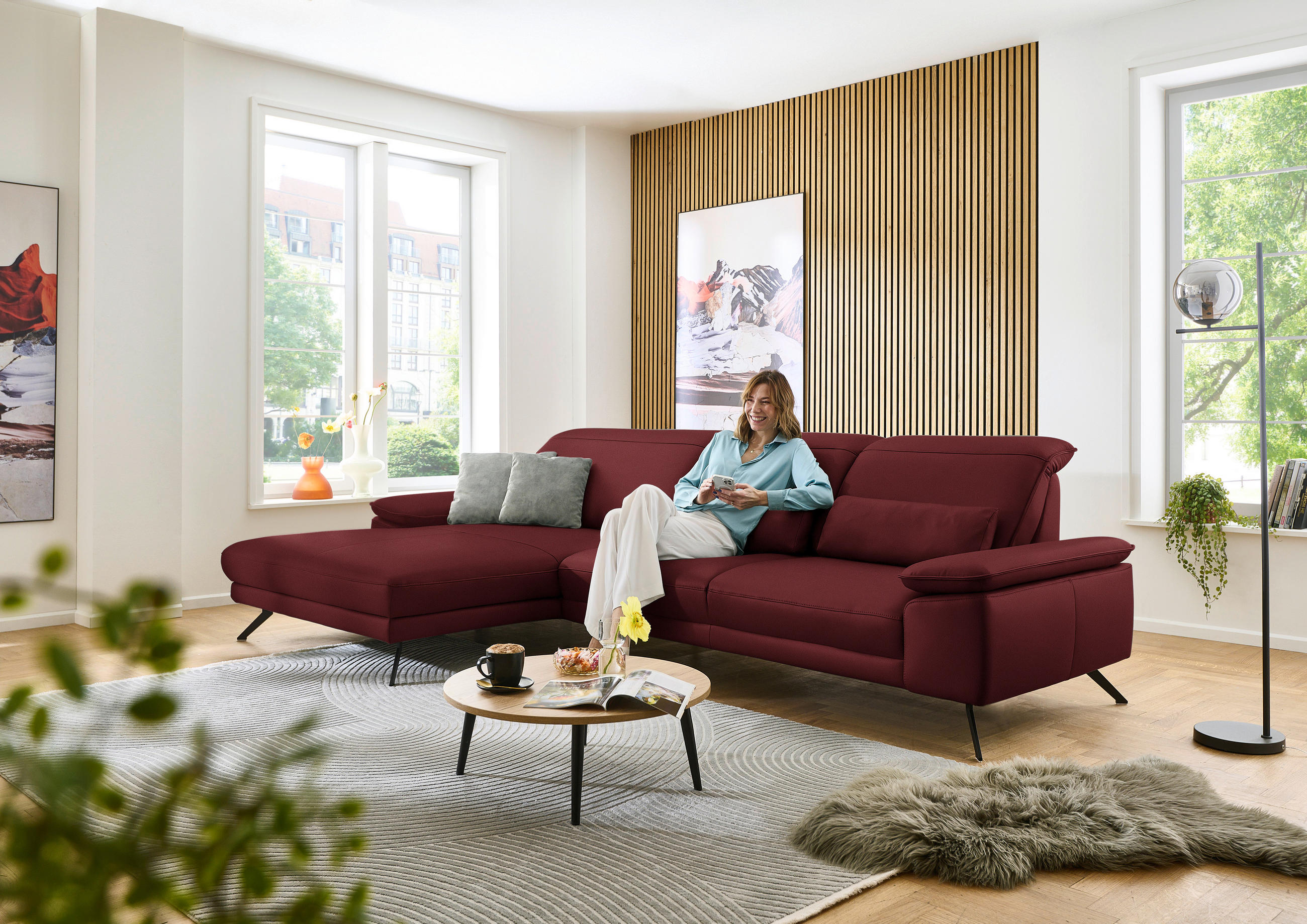 ECKSOFA in Echtleder Rot  - Rot/Schwarz, Design, Leder/Metall (193/332cm) - Dieter Knoll