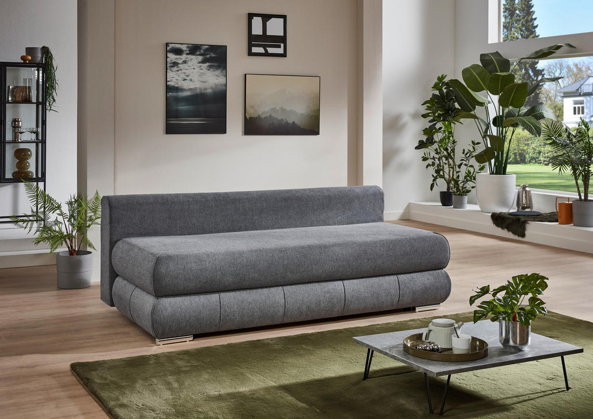 SCHLAFSOFA Webstoff Anthrazit  inkl. Rückenkissen, Armlehnenkissen, Bettkasten, Schlaffunktion, Rücken echt, Liegefläche im Originalstoff  - Edelstahlfarben/Anthrazit, KONVENTIONELL, Textil/Metall (199/95/97cm) - Carryhome