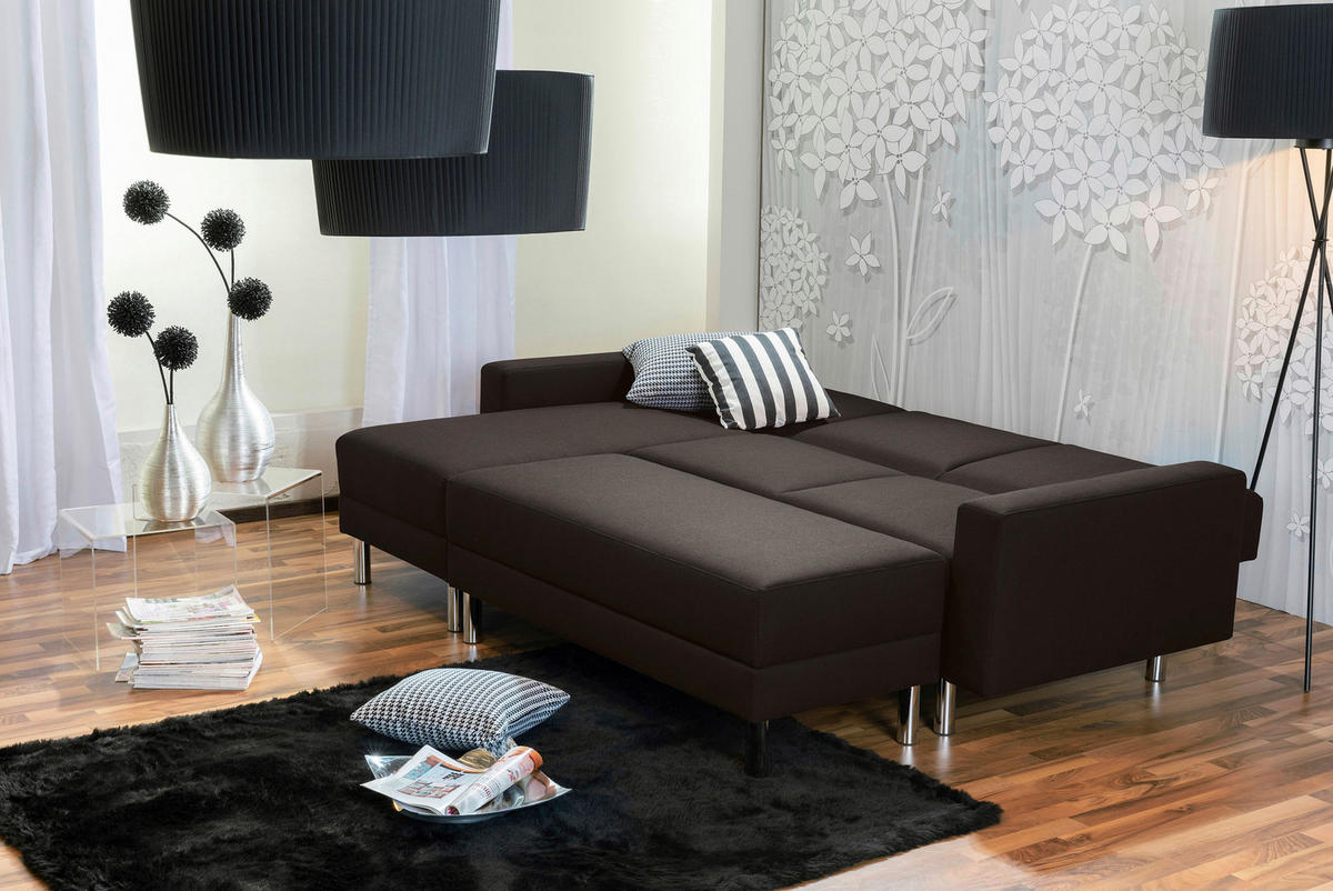 ECKSCHLAFSOFA inkl. Hocker in Dunkelbraun Textil   - Chromfarben/Dunkelbraun, Konventionell, Textil/Metall (152/230cm) - Max Winzer