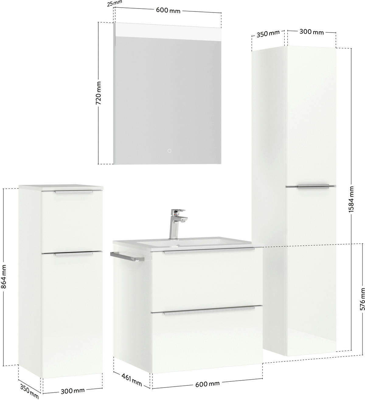 BADEZIMMER  in 61 cm  - Edelstahlfarben/Weiß Hochglanz, MODERN, Holzwerkstoff/Stein (61cm) - Nobilia