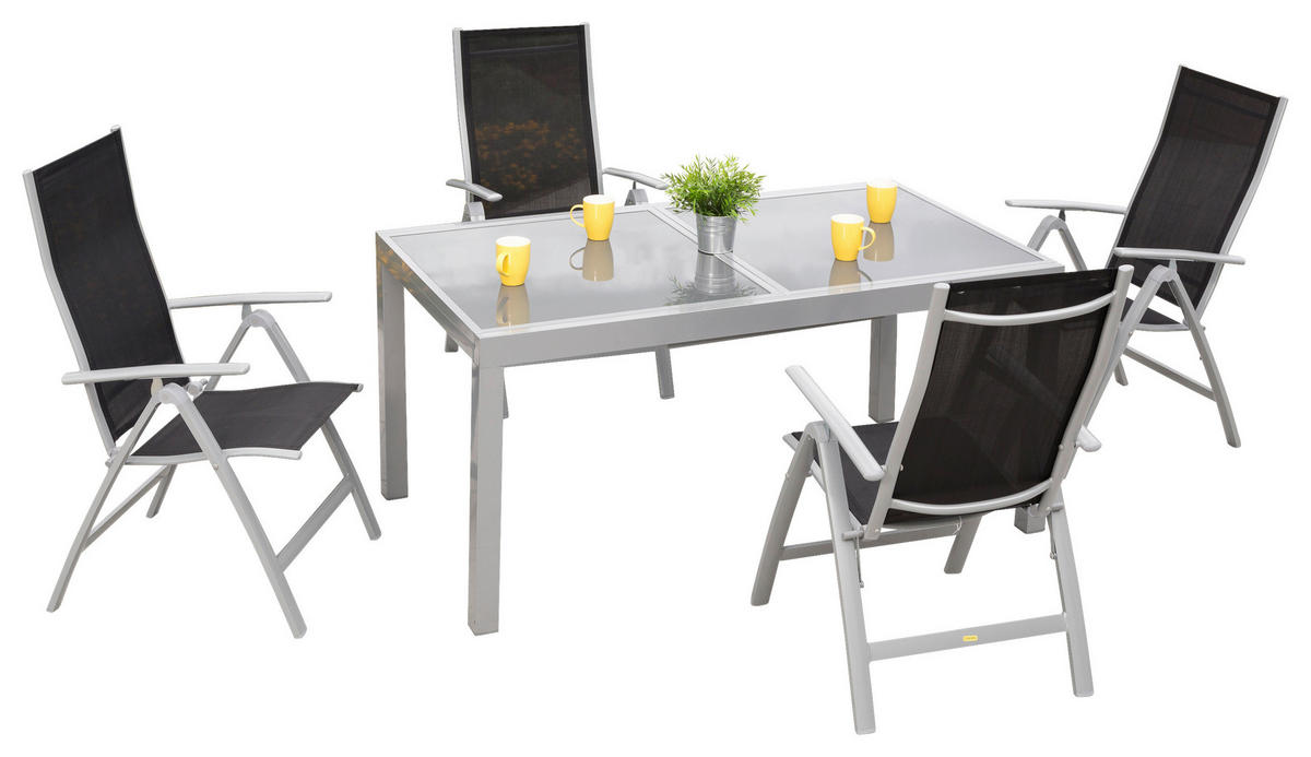 GARTENSET 5-teilig Aluminium ,[ ]}5-teilig  - Silberfarben/Schwarz, KONVENTIONELL, Glas/Textil - Gardenson