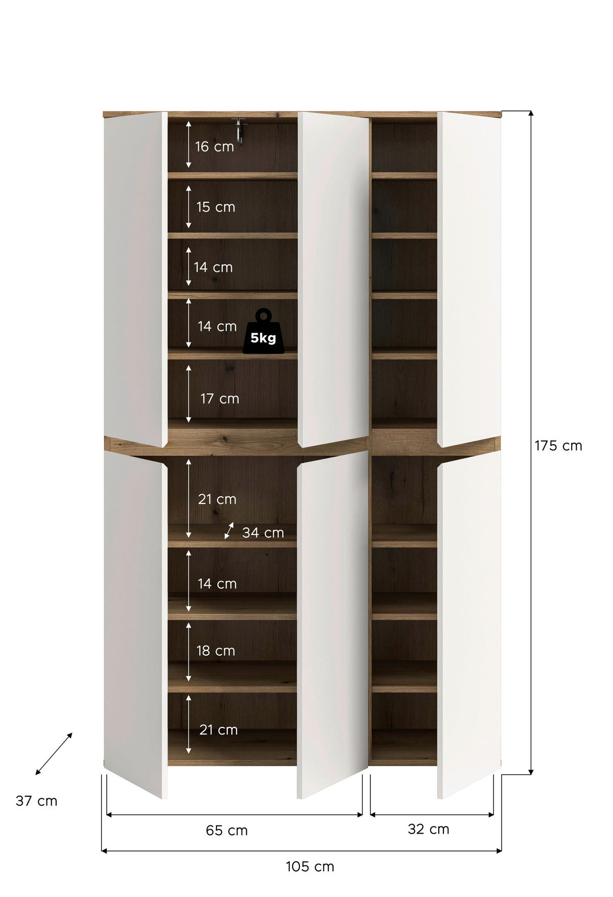 GARDEROBENSCHRANK  in 105/175/37 cm  - Eichefarben/Schwarz, Design, Holzwerkstoff/Kunststoff (105/175/37cm) - Livetastic