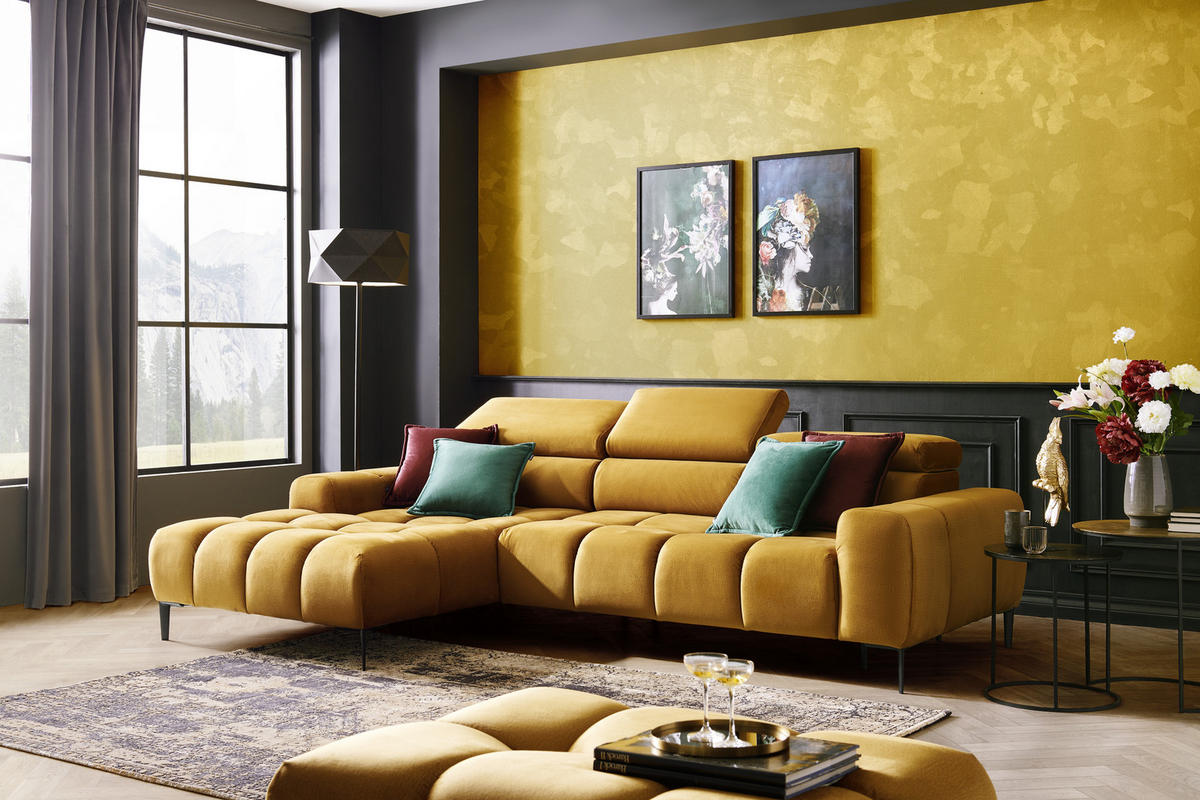ECKSOFA in Webstoff Currygelb  - Currygelb/Schwarz, Design, Textil/Metall (177/270cm) - Welnova