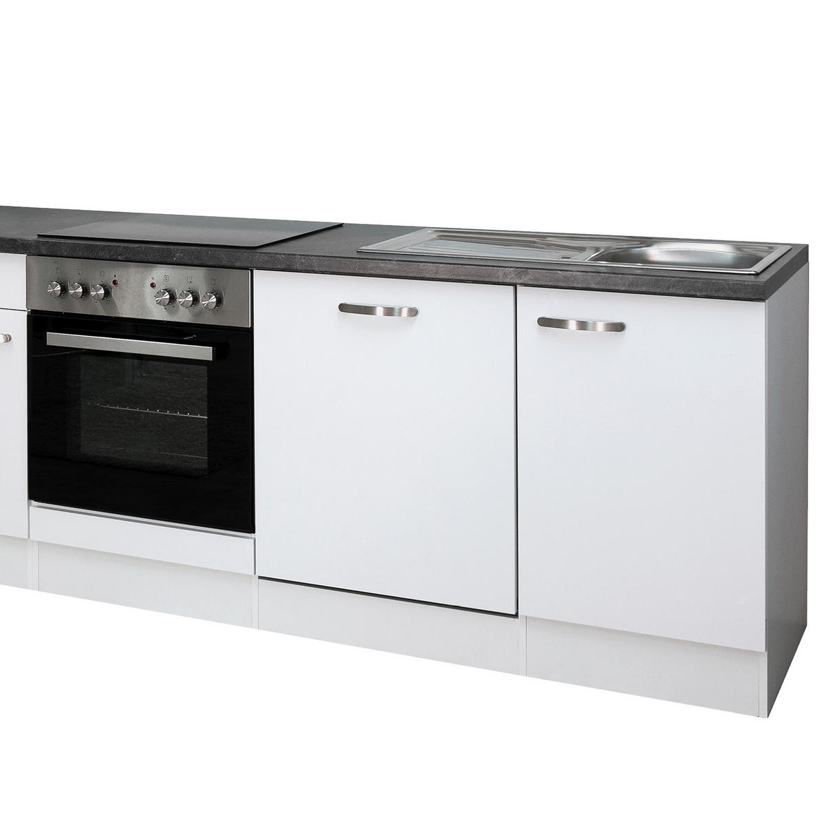 KÜCHENBLOCK 310 cm   in Weiß, Weiß Hochglanz  - Schieferfarben/Edelstahlfarben, MODERN, Holzwerkstoff/Metall (310cm) - FlexWell