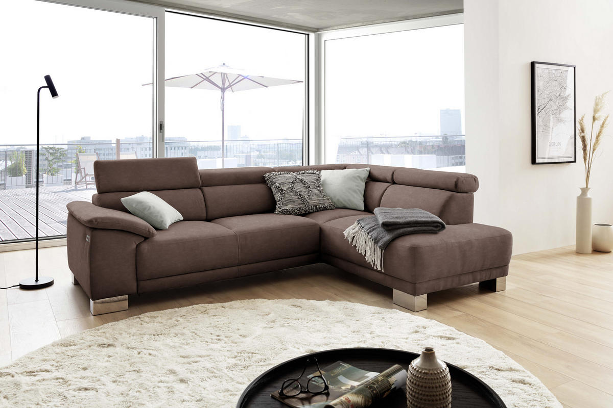 ECKSOFA in Mikrofaser Braun  - Chromfarben/Braun, Design, Holz/Textil (270/205cm) - Pure Home Lifestyle