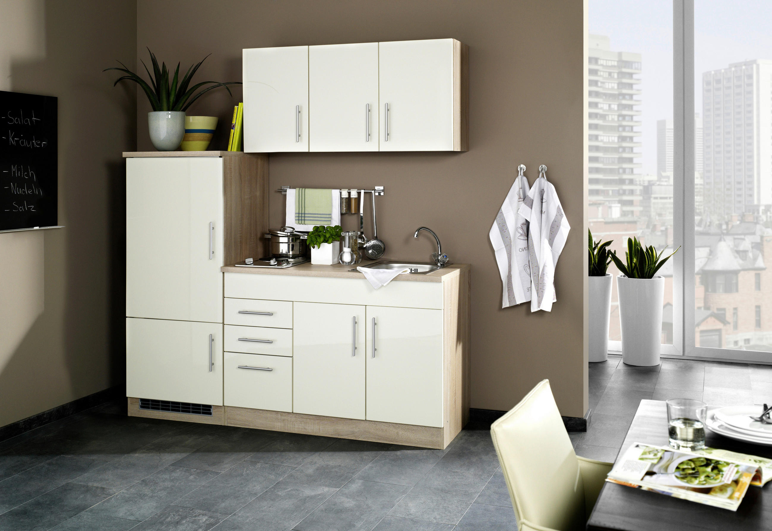 KÜCHENBLOCK 180 cm   in Creme  - Chromfarben/Eichefarben, MODERN, Holzwerkstoff/Metall (180cm) - Held
