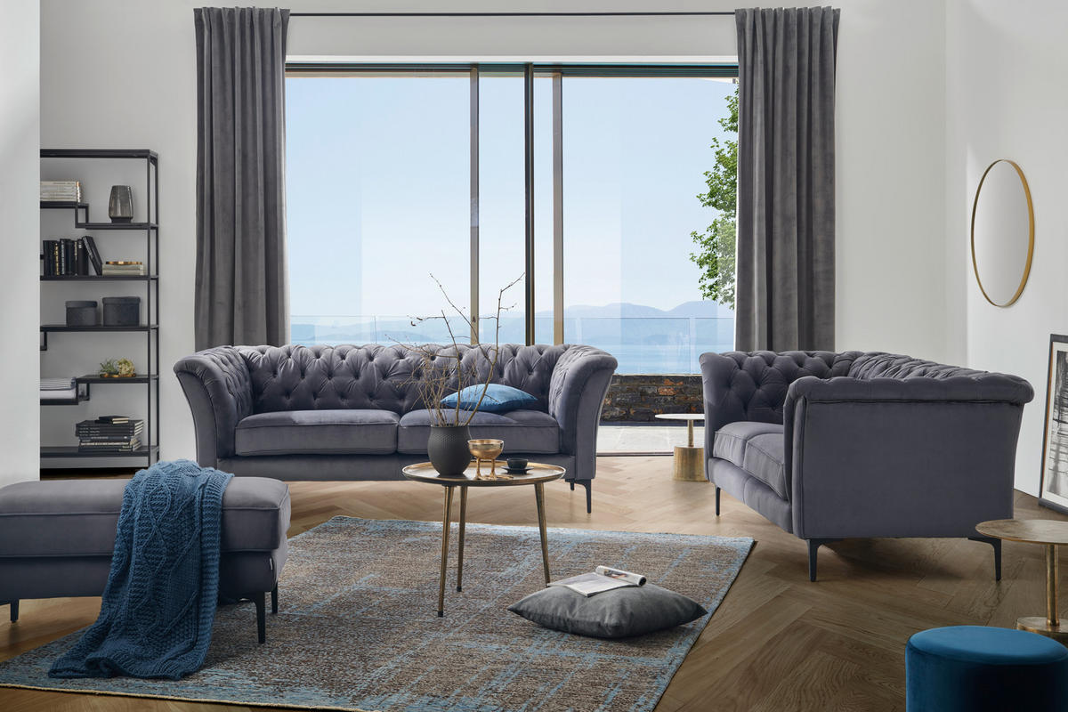 CHESTERFIELD-SOFA in Flachgewebe Anthrazit  - Anthrazit/Schwarz, Lifestyle, Textil/Metall (220/80/100cm) - Landscape