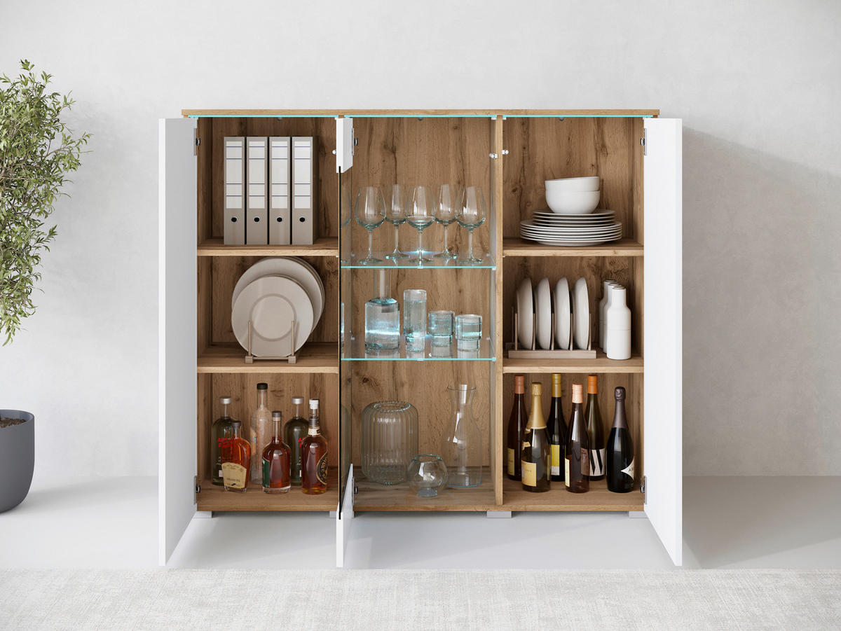 HIGHBOARD Vera, 120/103,3/39,5 cm,  - Weiß Hochglanz/Eiche Wotan, Trend, Glas/Holzwerkstoff (120/103,3/39,5cm) - P & B