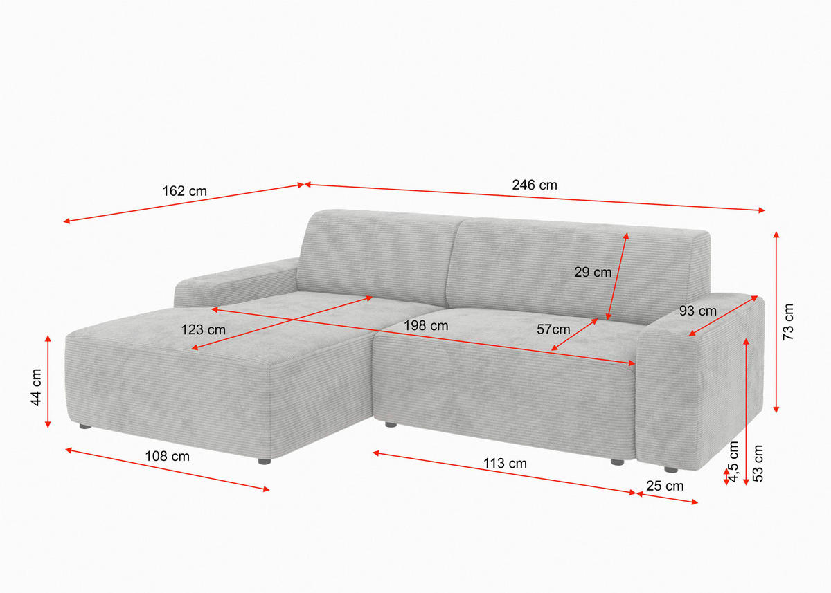 ECKSOFA Cord Pink  - Pink/Schwarz, Modern, Kunststoff/Textil (162/246cm) - Trendmanufaktur