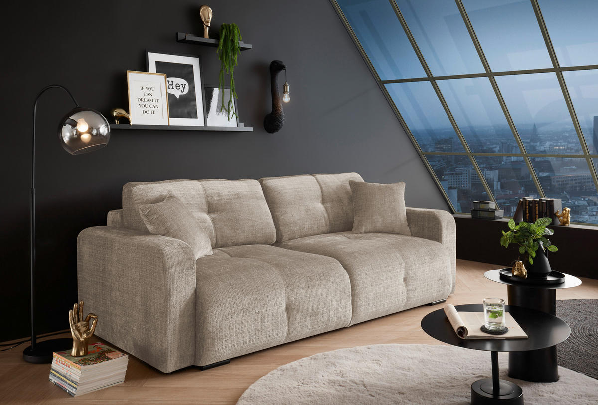 SCHLAFSOFA  mit Schlafen auf Sitzhöhe, Rücken echt, Armteil links, Armteil rechts Chenille Taupe  - Taupe/Schwarz, KONVENTIONELL, Kunststoff/Textil (235/88/120cm) - MID.YOU