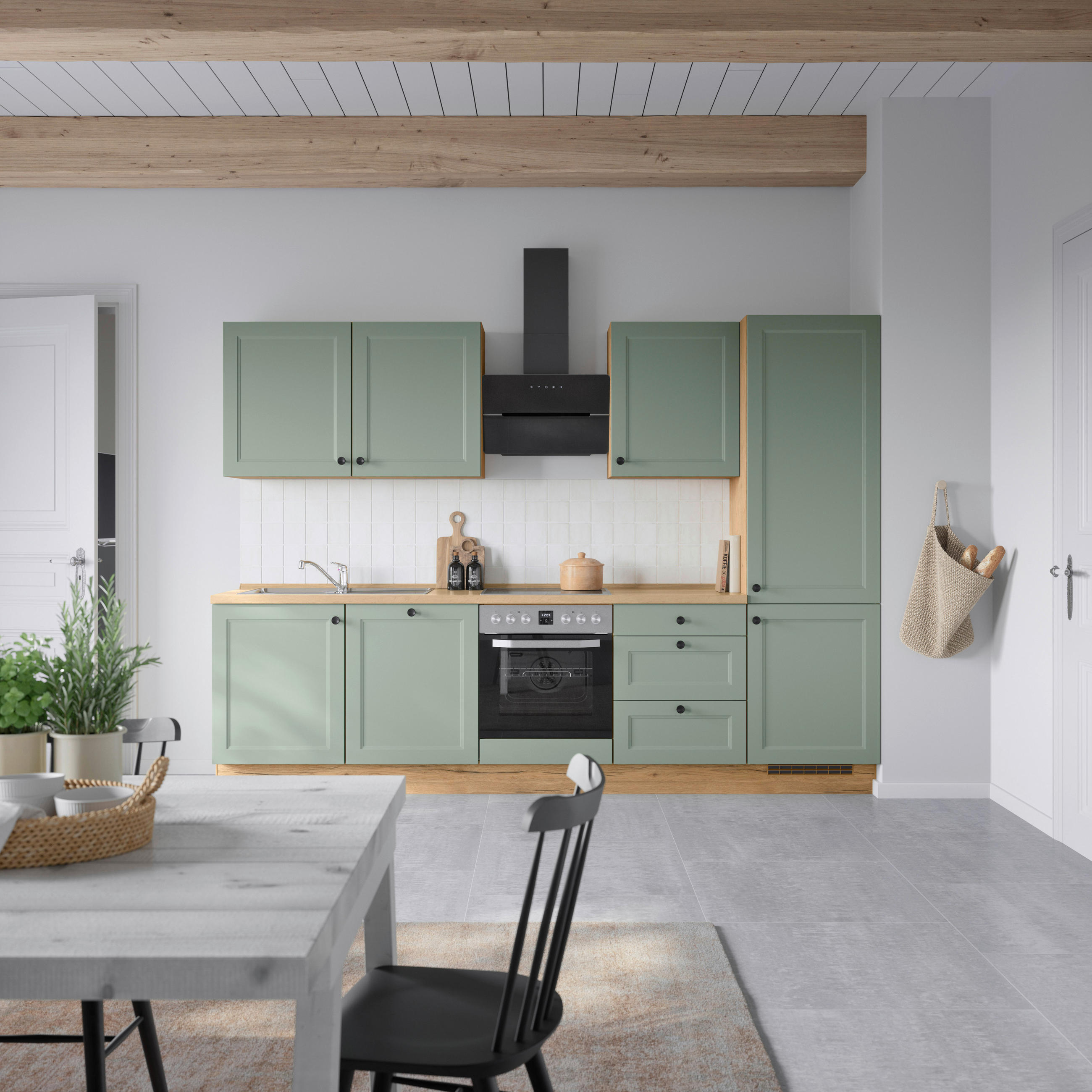 KÜCHENBLOCK 300 cm   in Eichefarben, Schilfgrün  - Schilfgrün/Eichefarben, MODERN, Holzwerkstoff/Metall (300cm) - Nobilia