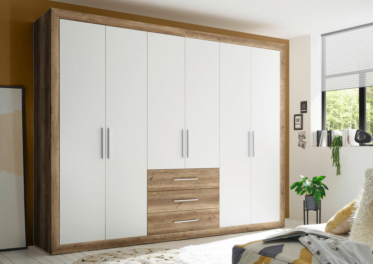 DREHTÜRENSCHRANK 289/225/59 cm,  in Weiß, Eichefarben, 6-türig  - Eichefarben/Silberfarben, MODERN, Holzwerkstoff/Kunststoff (289/225/59cm) - MID.YOU