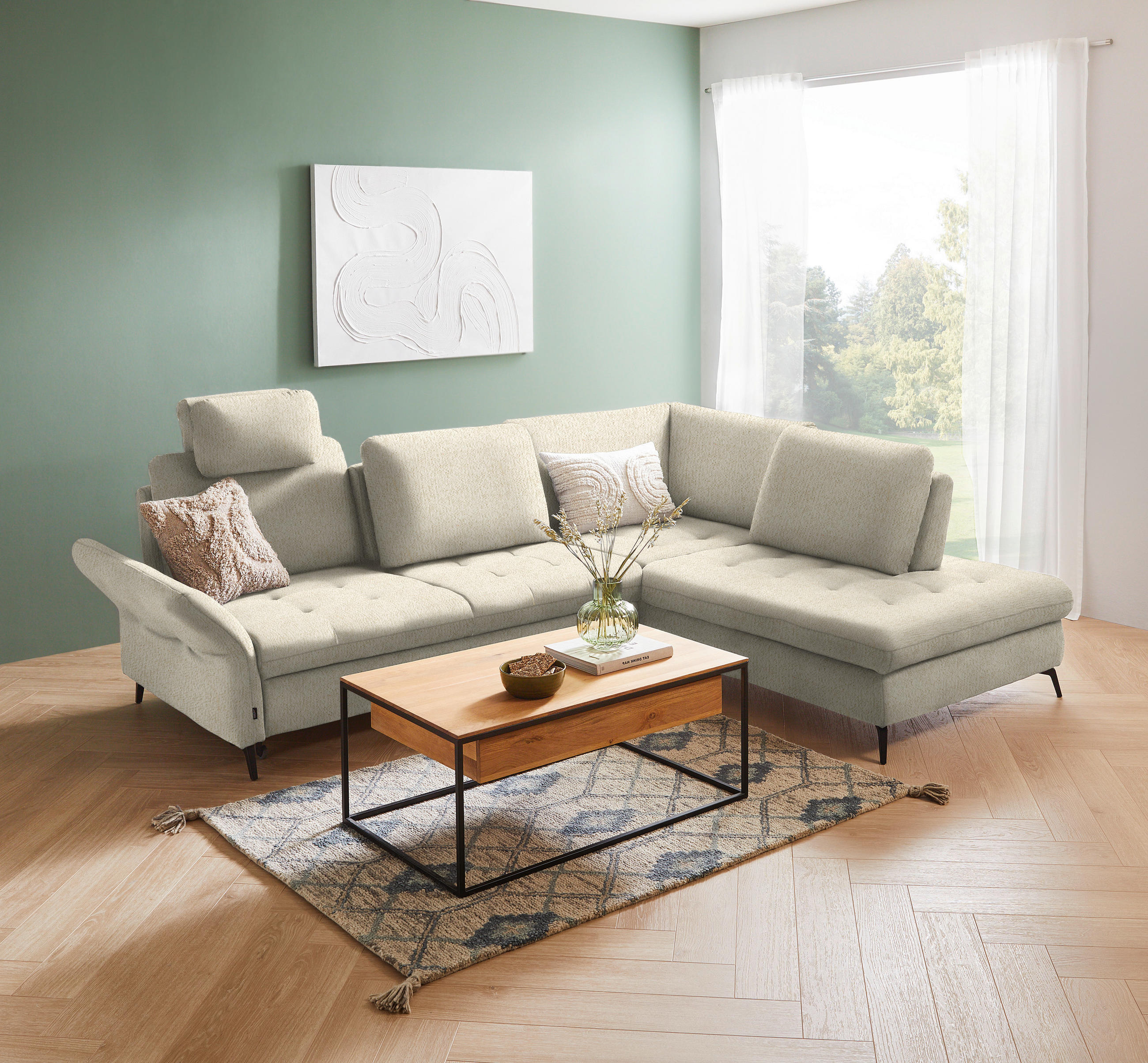 ECKSOFA in Struktur Creme  288/233 cm  - Creme/Schwarz, Natur, Textil/Metall (288/233cm) - Valnatura