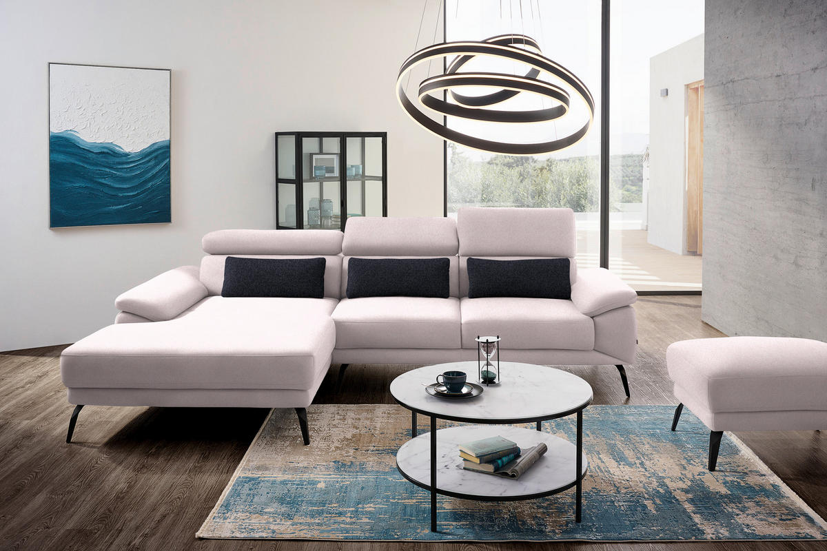 ECKSOFA in Velours Hellrosa  - Hellrosa/Schwarz, Design, Textil/Metall (187/295cm) - Novel