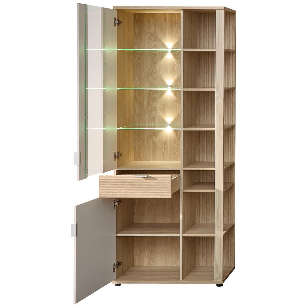 Thumbnail - Stylife Vitrine, Eiche, Kaschmir, Metall, 3 Glas / 8 Holz Fächer, 1 Schubladen, 80x202x38 cm, Beimöbel erhältlich, Beleu...