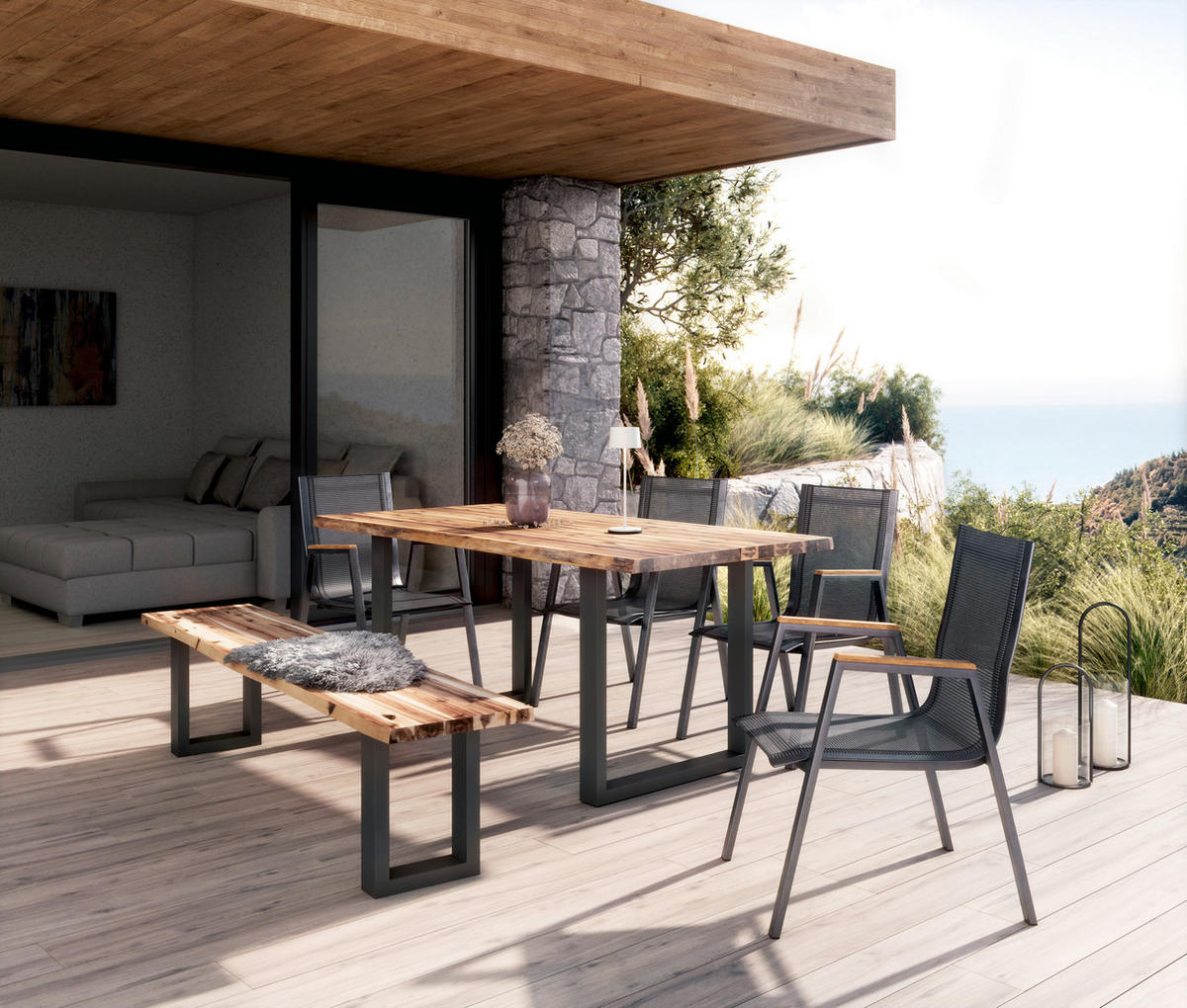 GARTENTISCH 180/90/76 cm Holz, Metall Freiform  Schwarz, Akaziefarben - Einrichtungsbeispiel