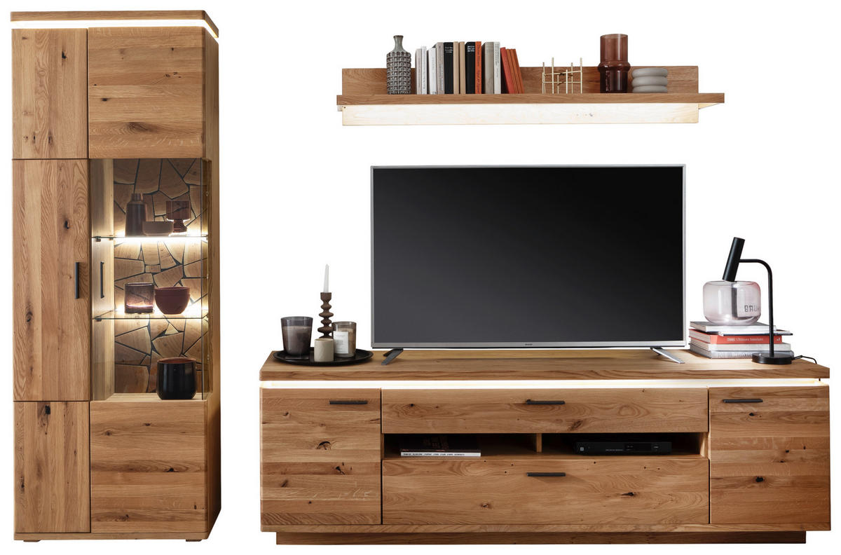 WOHNWAND 3-teilig  Eichefarben 300/204/50 cm  LED-Leuchtmittel   - Eichefarben/Schwarz, Natur, Glas/Holz (300/204/50cm) - Linea Natura