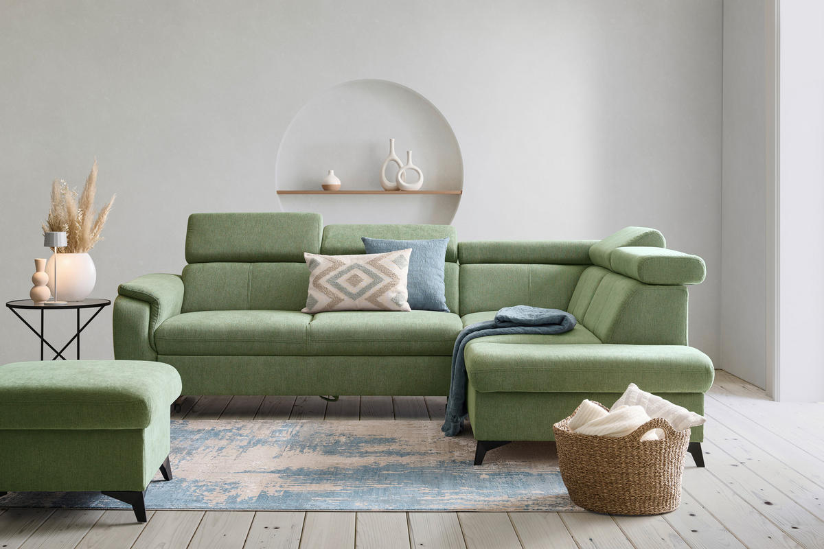 Ecksofa inkl. Funktionen in Chenille Hellgrün  - Schwarz/Hellgrün, Design, Textil/Metall (260/203cm) - Stylife