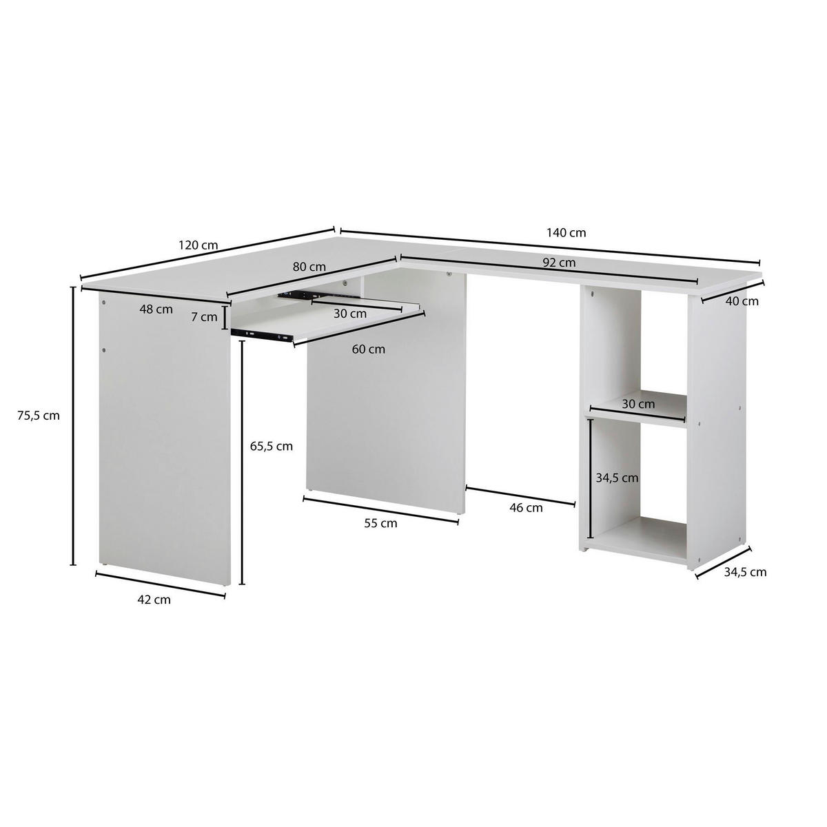 PISAĆI STOL KUTNI  bijela  drvni materijal  - bijela, Moderno, drvni materijal (120/140/75,5cm) - MID.YOU