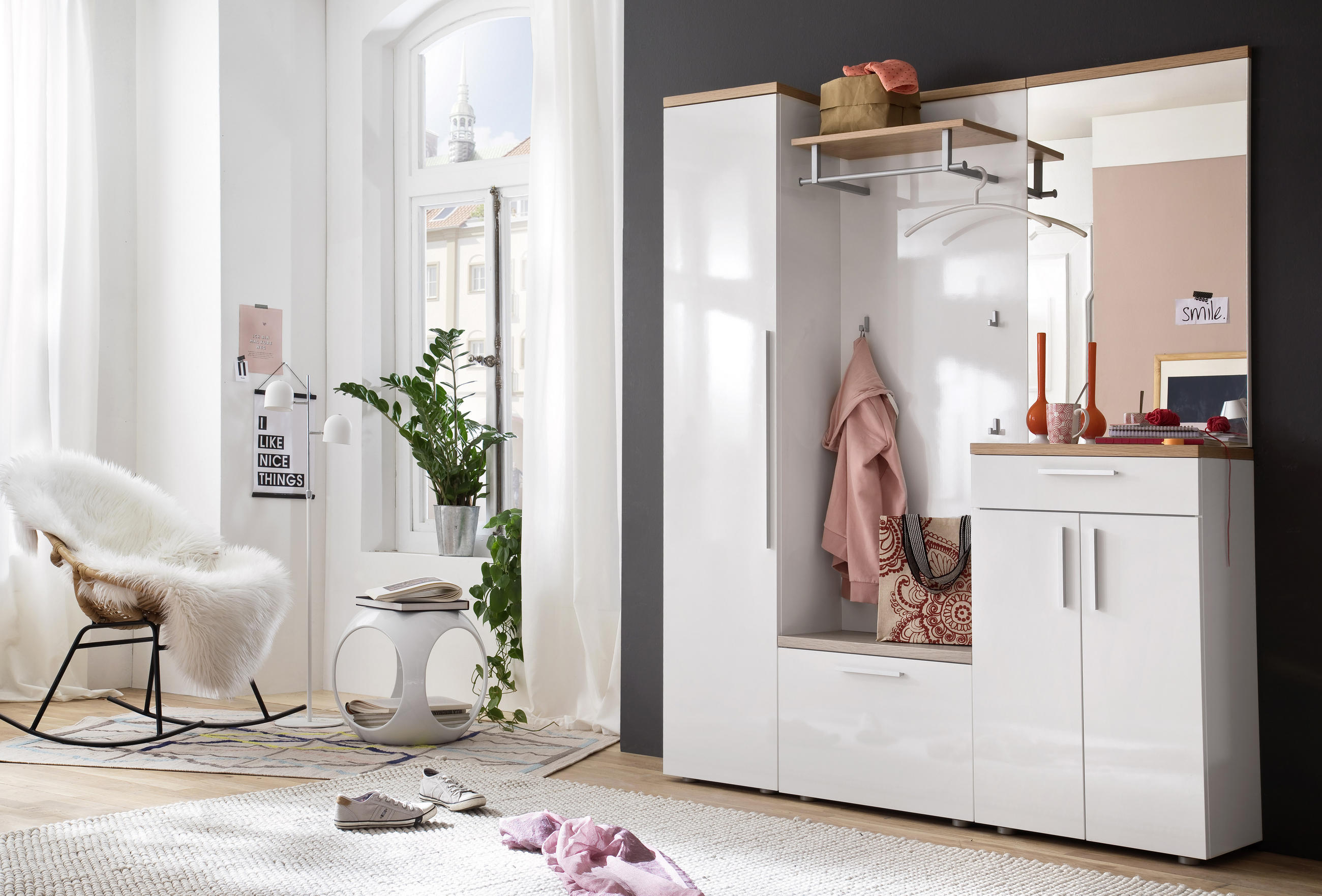 Thumbnail - Moderano Garderobe, Weiß, Eiche, Holz, Glas, Holzwerkstoff, 5-teilig, Wildeiche, furniert, 160x201x35 cm, Made in German...