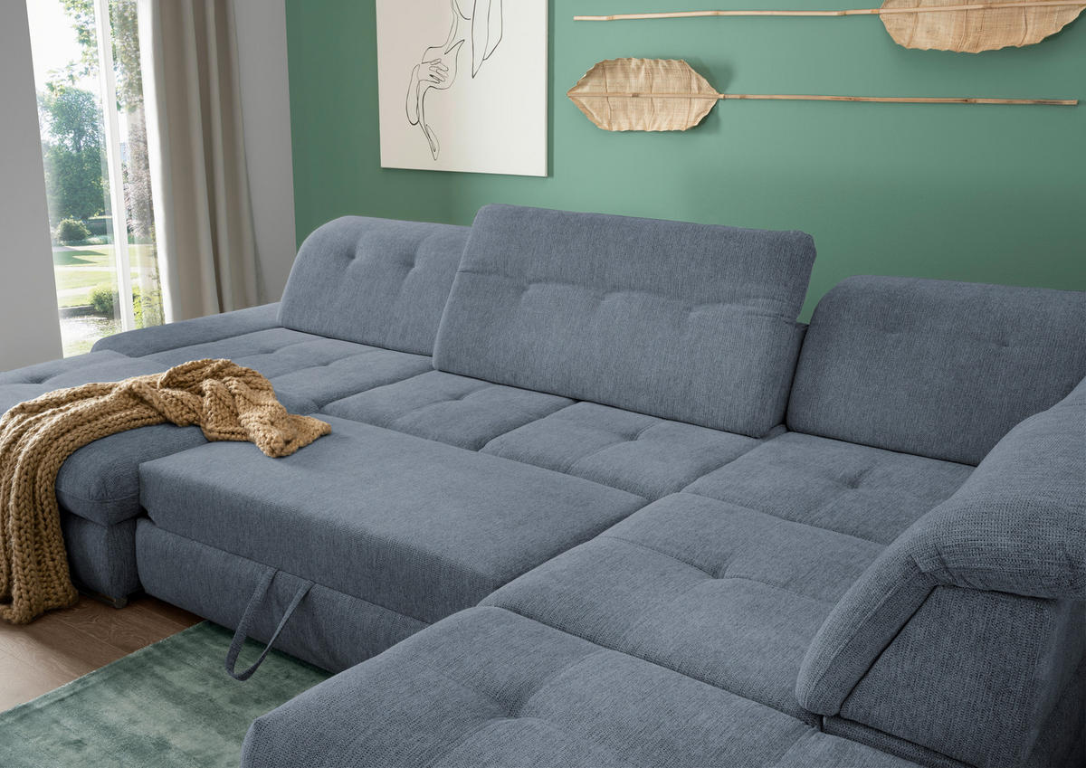 WOHNLANDSCHAFT in Chenille Hellblau  - Chromfarben/Hellblau, Design, Textil/Metall (195/376/254cm) - Livetastic