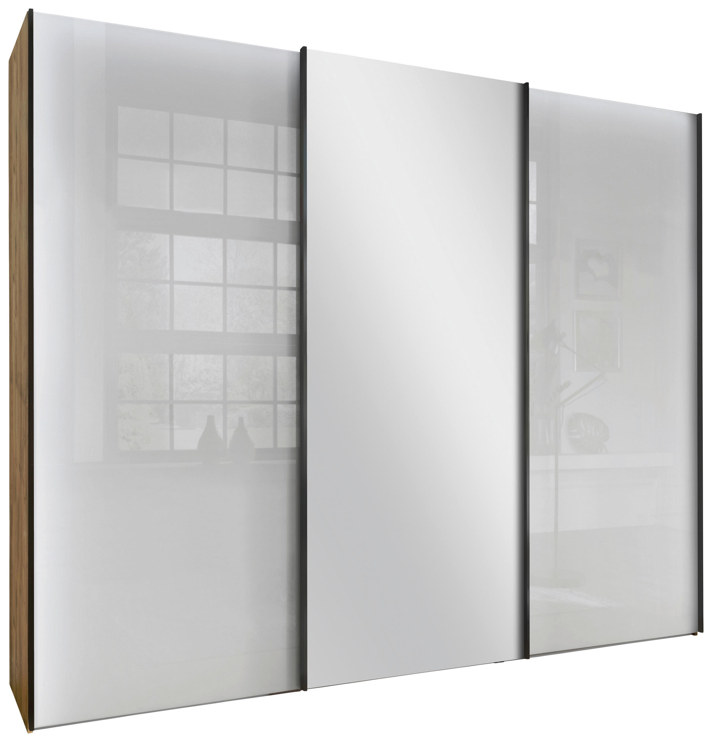 SCHWEBETÜRENSCHRANK 300/217/67 cm 3-türig Weiß, Eiche Bianco  - Schieferfarben/Eiche Bianco, KONVENTIONELL, Glas/Holzwerkstoff (300/217/67cm) - Dieter Knoll