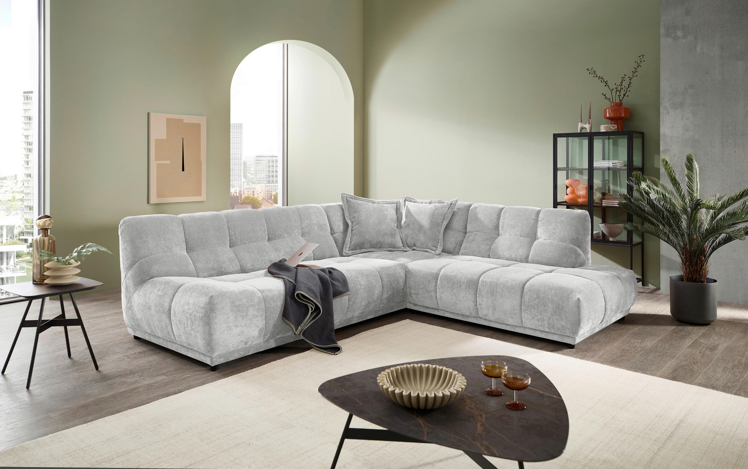 ECKSOFA ITALIA in Chenille Silberfarben  284/250 cm  - Silberfarben/Schwarz, MODERN, Kunststoff/Textil (284/250cm) - Livetastic