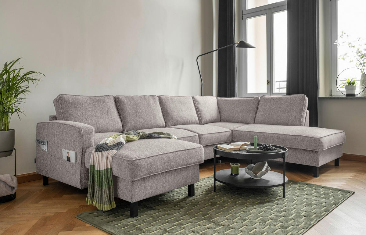 WOHNLANDSCHAFT in Struktur Grauweiss  - Schwarz/Grauweiss, Holz/Textil (148/298/198cm) - MID.YOU
