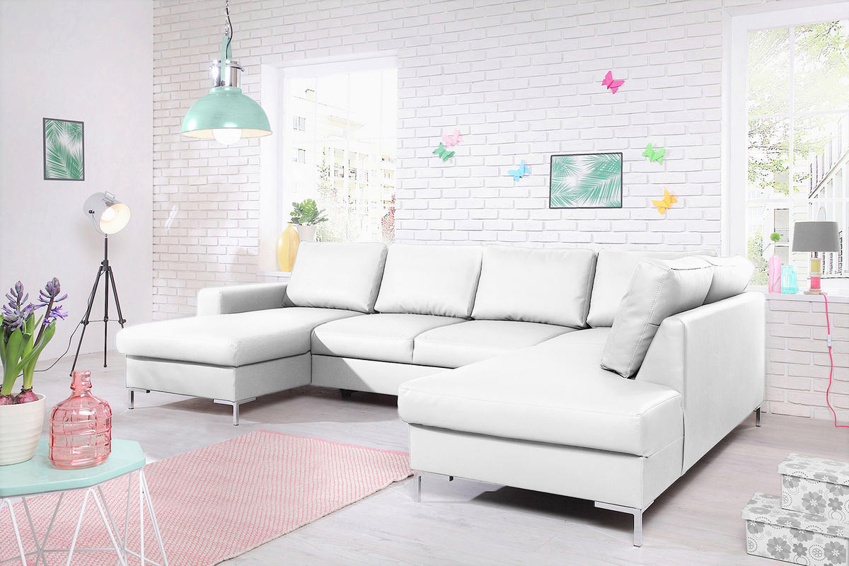 WOHNLANDSCHAFT in Lederlook Weiss  - Weiss/Silberfarben, Design, Leder/Metall (148/303/197cm) - MID.YOU