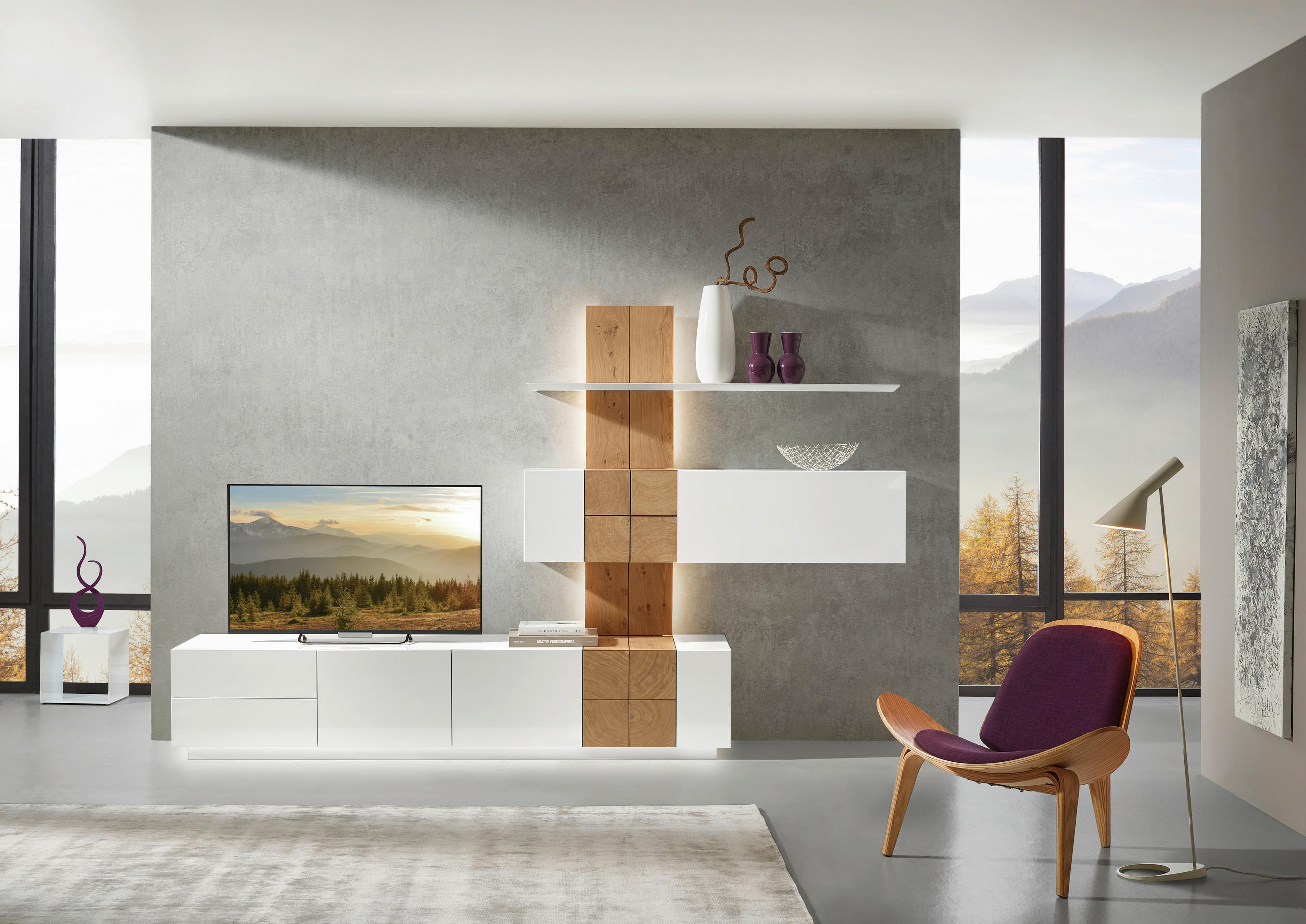 WOHNWAND Quadra  in Weiß, Eichefarben  305/190/52 cm  - Eichefarben/Weiß, Design, Holz/Holzwerkstoff (305/190/52cm) - Ambiente