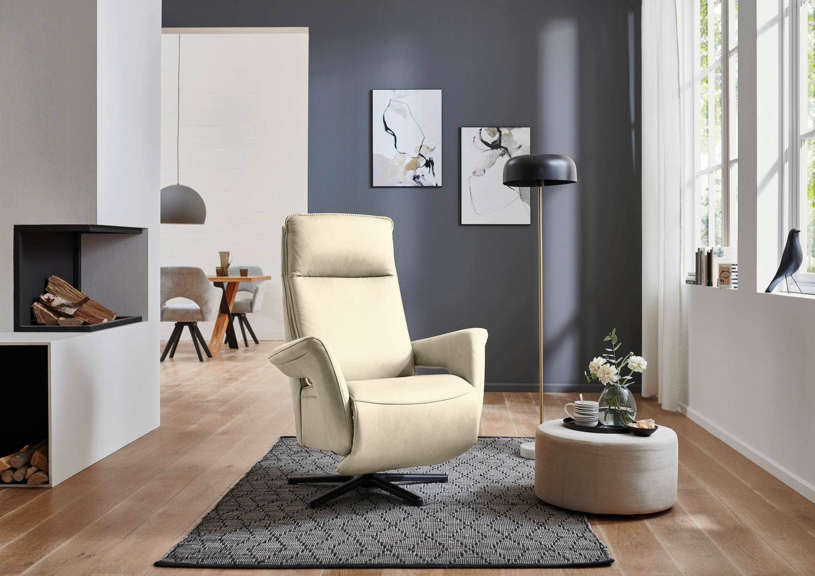 RELAXSESSEL in Leder Creme, Naturfarben  - Creme/Schwarz, Design, Leder/Metall (83/112/87-174cm) - Valdera
