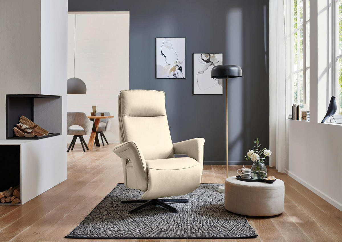 RELAXSESSEL in Leder Creme, Naturfarben  - Creme/Schwarz, Design, Leder/Metall (83/112/87-174cm) - Valdera