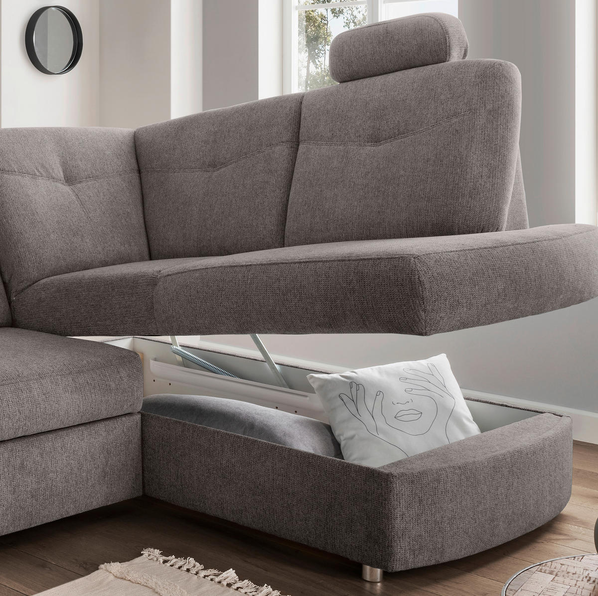 ECKSCHLAFSOFA in Chenille Graubraun  - Chromfarben/Graubraun, Modern, Kunststoff/Textil (264/180cm) - Livetastic