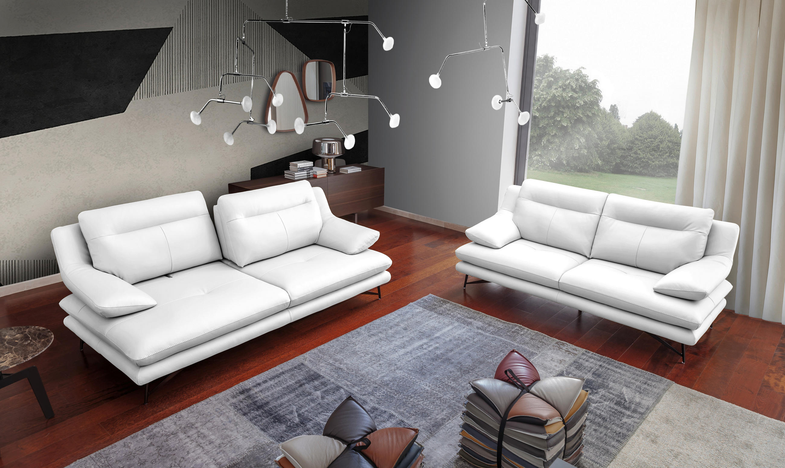 3-SITZER-SOFA in Echtleder Weiß  - Weiß, Design, Leder/Metall (215/90/109cm)