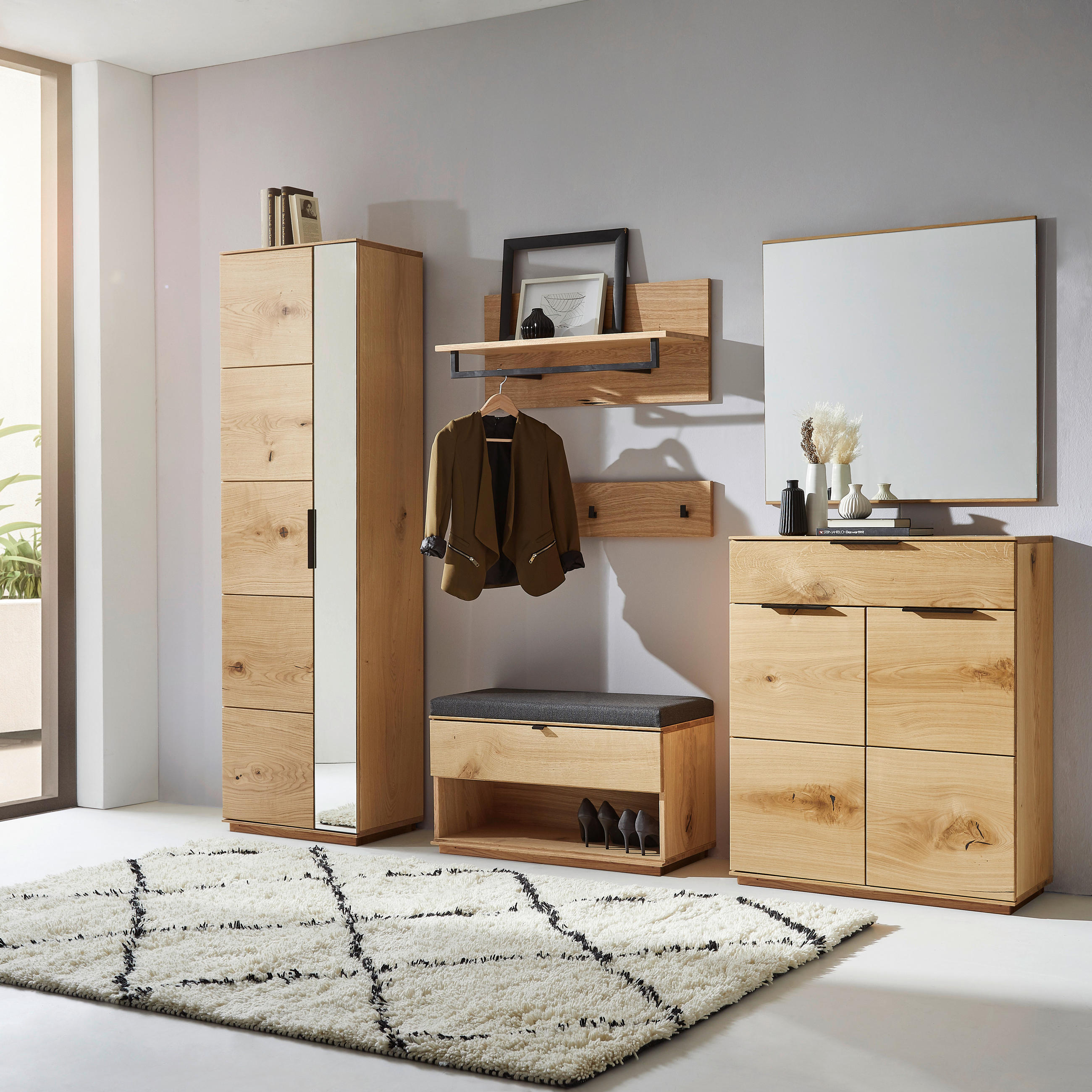 Thumbnail - Linea Natura Schuhschrank, Eiche, Metall, Wildeiche,Birke, Erle, furniert, 4 Fächer, 1 Schublade(n) Schubladen, 85x103x3...