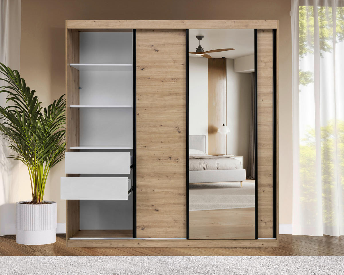 SCHIEBETÜRENSCHRANK 200/215/59,5 cm 3-türig Eiche Artisan  - Schwarz/Eiche Artisan, MODERN, Holzwerkstoff/Metall (200/215/59,5cm) - MID.YOU