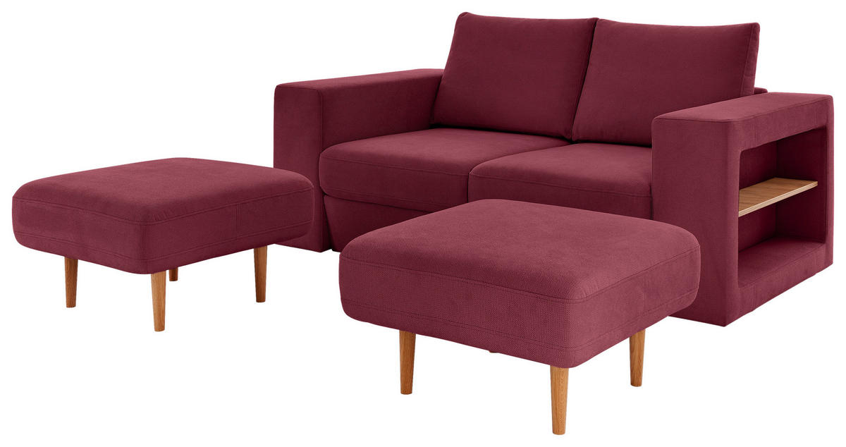 VIERSITZER-SOFA inkl. Hocker LOOKS V-2 Webstoff Rot, Beere  - Eichefarben/Beere, Design, Holz/Textil (252/96/107cm) - LOOKS by W.Joop