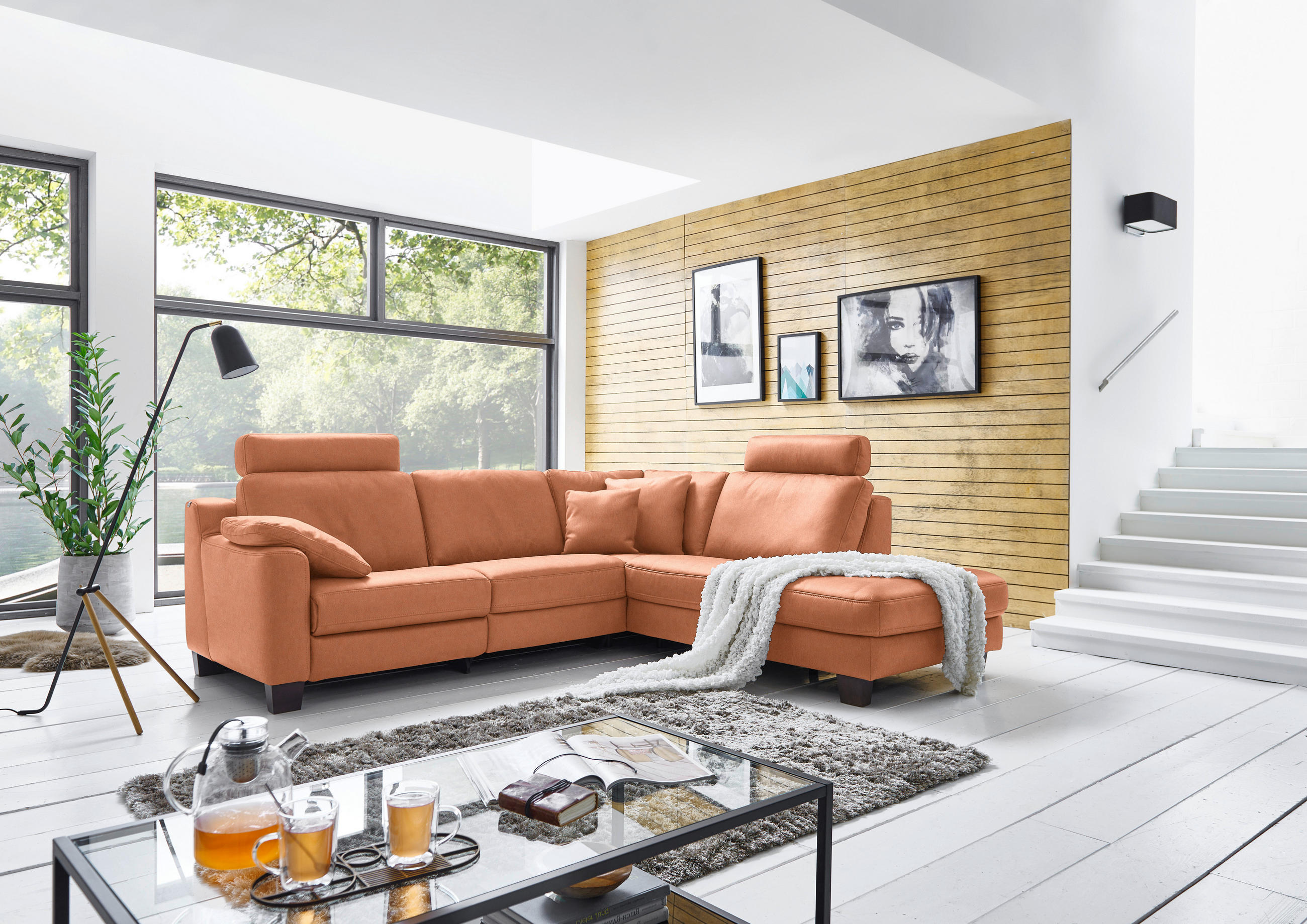 ECKSOFA in Echtleder Cognac  - Eichefarben/Cognac, Design, Leder/Holz (259/235cm) - Valdera
