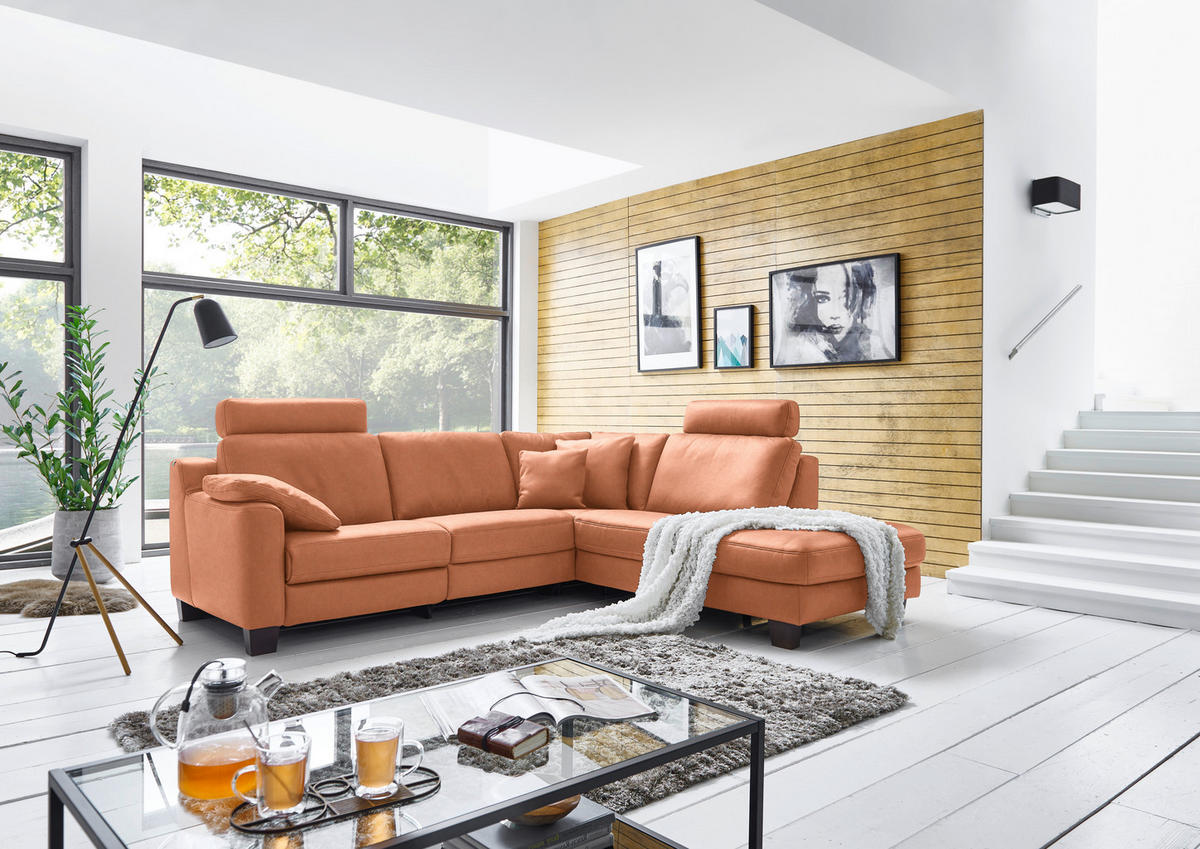ECKSOFA in Echtleder Cognac  - Eichefarben/Cognac, Design, Leder/Holz (259/235cm) - Valdera