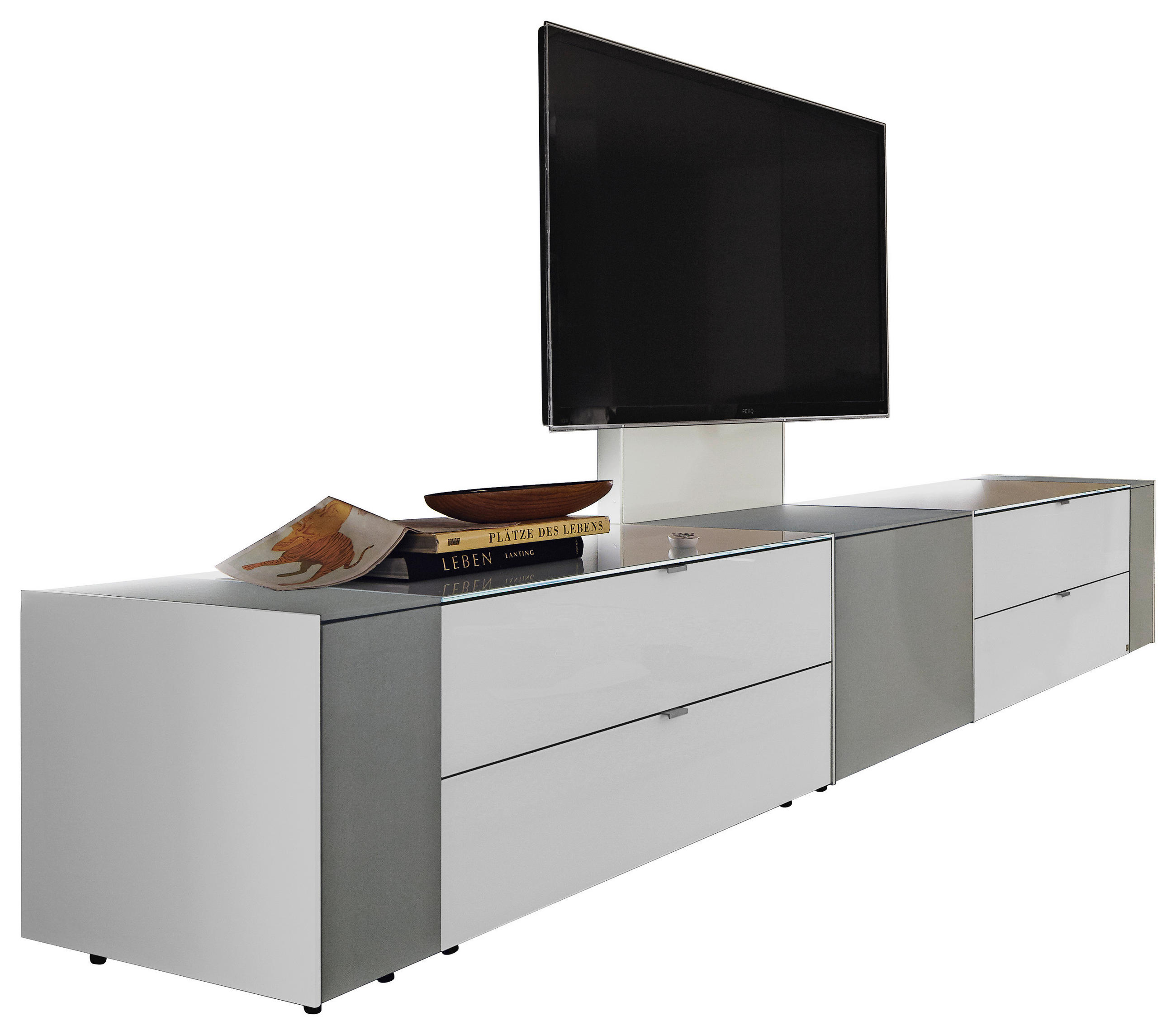 TV-ELEMENT Q-Media Glas, Textil, Holzwerkstoff Grau, Weiß  - Alufarben/Schwarz, Design, Glas/Holzwerkstoff (303/49,8/57cm) - Musterring