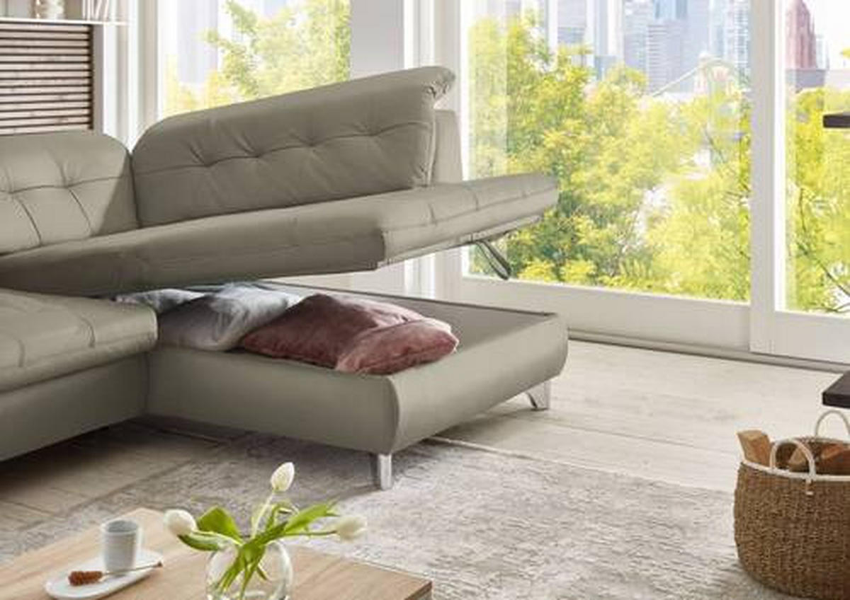ECKSOFA in Echtleder Hellgrau  - Hellgrau/Alufarben, Design, Leder/Metall (309/211cm) - Beldomo Speed